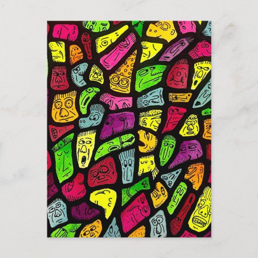 Fluorescerende Cartoon Grappige Gezichten Tekening Briefkaart (Voorkant)