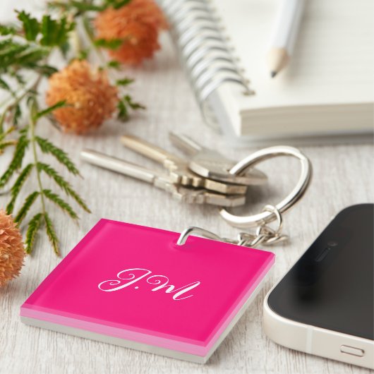 Fluorescerende neon roze effen kleur initials naam sleutelhanger (Voorkant Rechts)