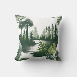 Flusslandschaft mit grünen Bäumen Farnen Aquarell Kussen