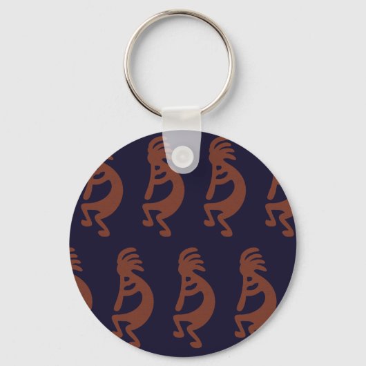 Flute die Kokopelli Cijfer afspeelt - Blauw op Rus Sleutelhanger (Voorkant)