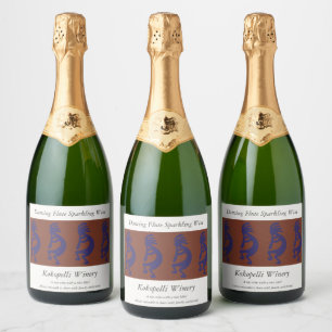 Flute die Kokopelli Cijfer afspeelt - Blauw op Rus Sparkling Wijnetiket