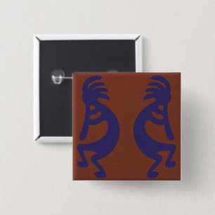 Flute die Kokopelli Cijfer afspeelt - Blauw op Rus Vierkante Button 5,1 Cm