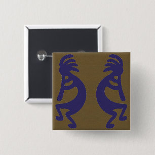 Flute die Kokopelli Cijfer speelt - Blauw op Groen Vierkante Button 5,1 Cm