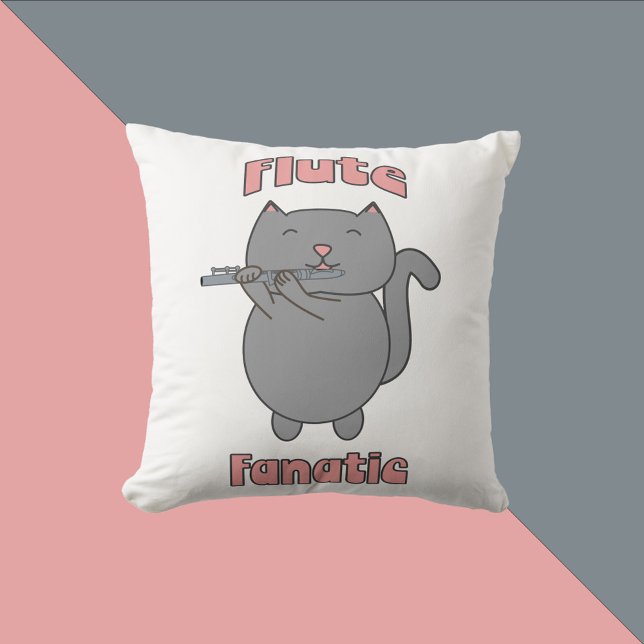 Flute Fanatic Musical Flute Cat Pink Kussen (A throw pillow featuring a gray cat playing the flute and the text Flute Fanatic in pink.)
