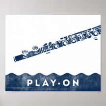 Flute Music Poster Blue White Play op Art Print
