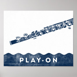 Flute Music Poster Blue White Play op Art Print