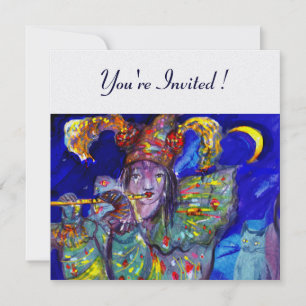 FLUTIST IN BLAUW Venetiaans Carnival Pearl Invite Kaart