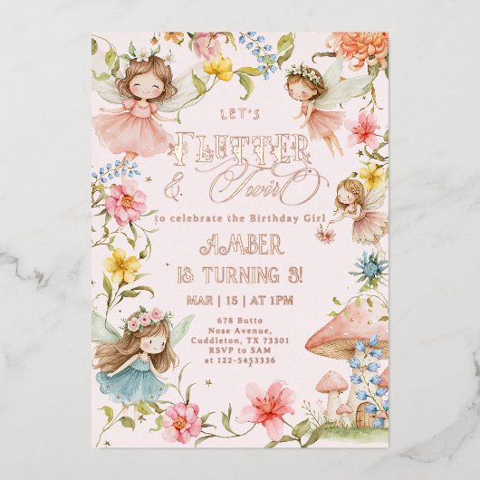 Flutter and Twirl Fairy Any Age Princess Birthday Folie Uitnodiging (Voorkant)