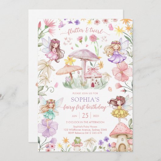 Flutter and Twirl Fairy First 1st Birthday Kaart (Voorkant / Achterkant)