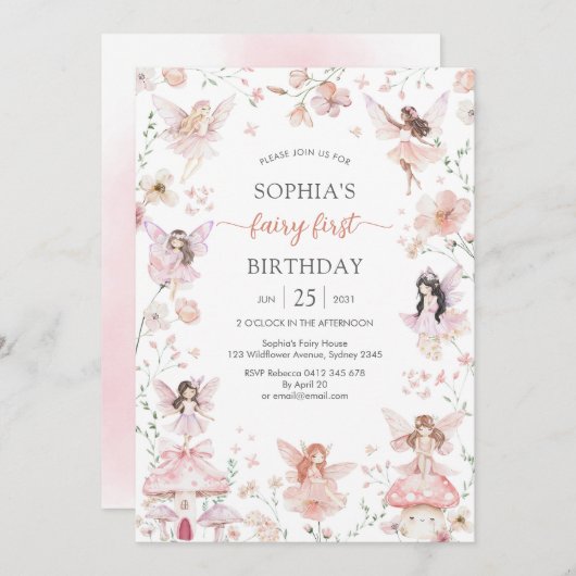 Flutter and Twirl Fairy First 1st Birthday Kaart (Voorkant / Achterkant)