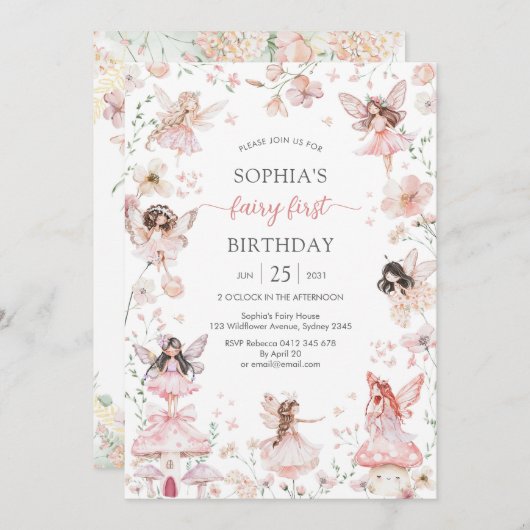 Flutter and Twirl Fairy First 1st Birthday Kaart (Voorkant / Achterkant)