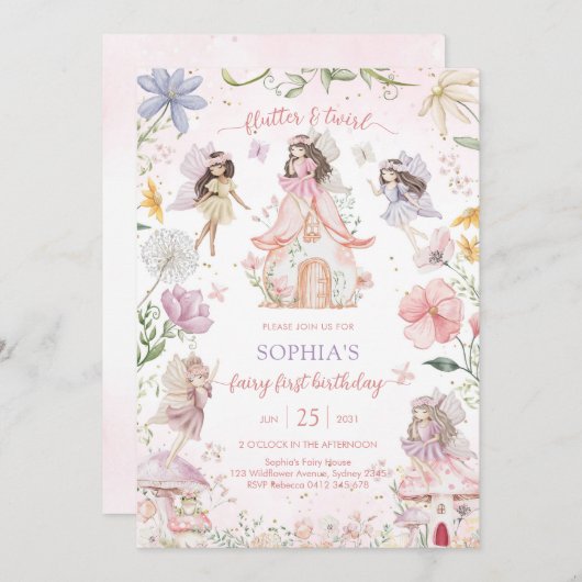 Flutter and Twirl Fairy First 1st Birthday Kaart (Voorkant / Achterkant)