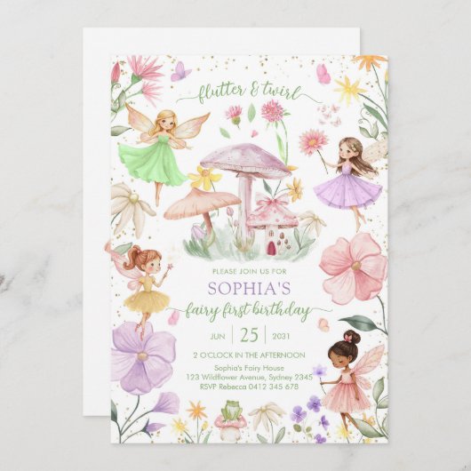 Flutter and Twirl Fairy First 1st Birthday Kaart (Voorkant / Achterkant)