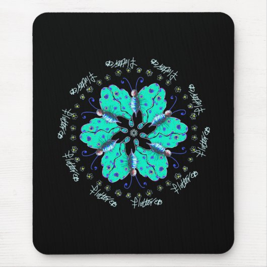 Flutter aqua blue butterfly mandala muismat (Voorkant)