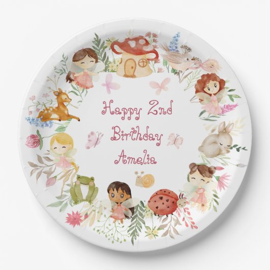 Flutter en Kronkel Fairy Garden Verjaardag Papieren Bordje (Voorkant)