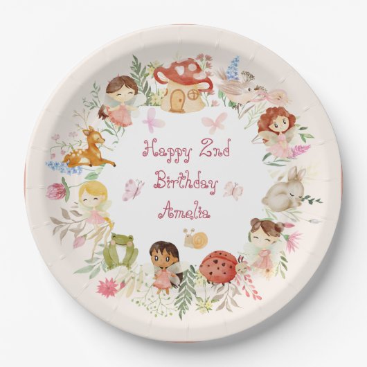 Flutter en Kronkel Fairy Garden Verjaardag Papieren Bordje (Voorkant)