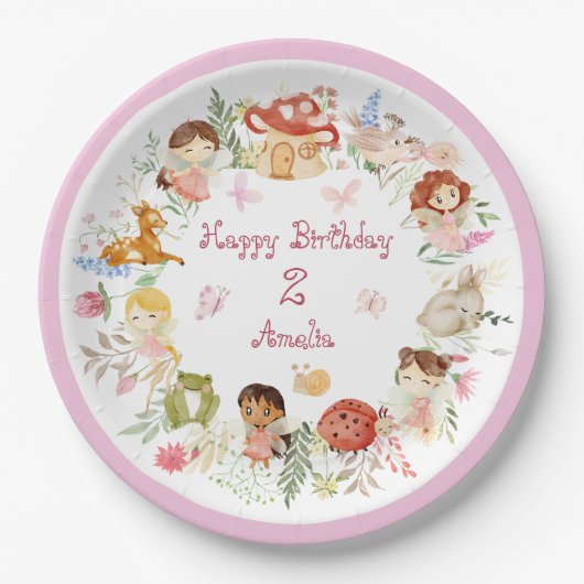 Flutter en Kronkel Fairy Garden Verjaardag Papieren Bordje (Voorkant)