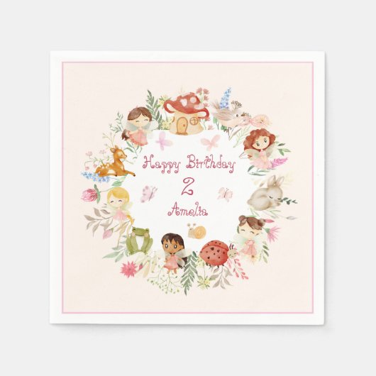 Flutter en Kronkel Fairy Garden Verjaardag Servet (Voorkant)