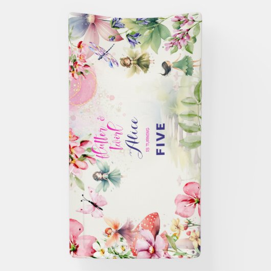 Flutter en twirl Fairy tuin waterverf verjaardag Spandoek (Verticaal)
