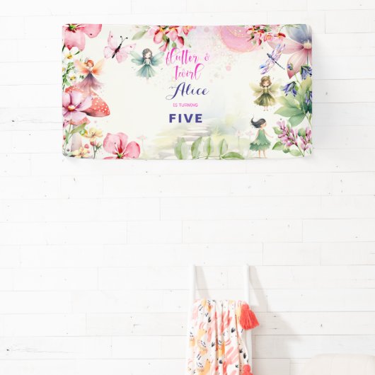 Flutter en twirl Fairy tuin waterverf verjaardag Spandoek (Insitu)