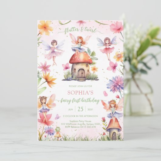 Flutter en Twirl Fee Eerste Verjaardag Kaart (Staand voorkant)