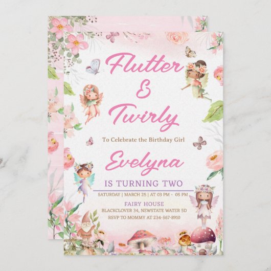 Flutter en Twirly Fairy Verjaardag Uitnodiging Fee (Voorkant / Achterkant)