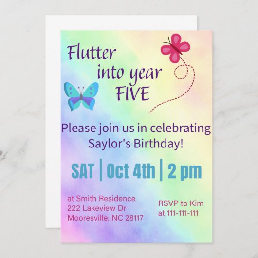 Flutter in jaar vijf-verjaardag uitnodiging (Voorkant / Achterkant)