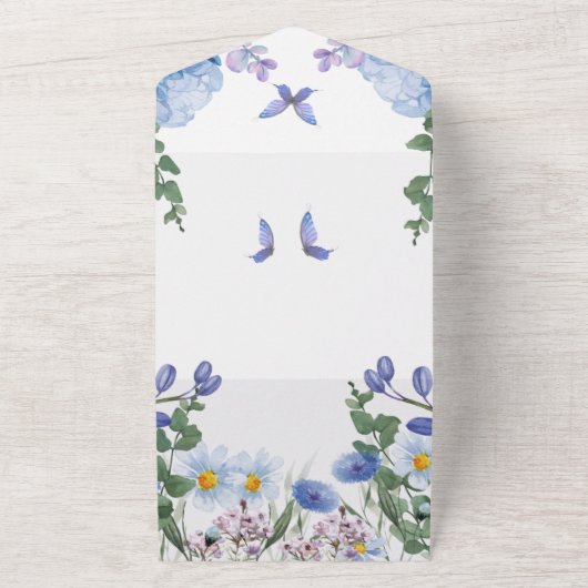 Flutter of Love: betoverende blauwe vlinder bruilo All In One Uitnodiging (Buitenkant)