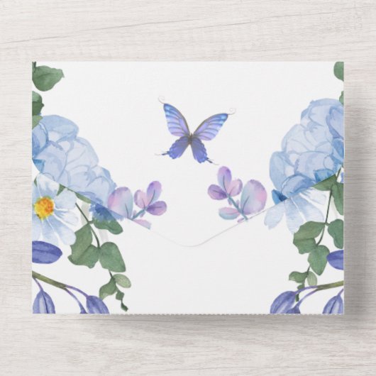 Flutter of Love: betoverende blauwe vlinder bruilo All In One Uitnodiging (Achterkant)