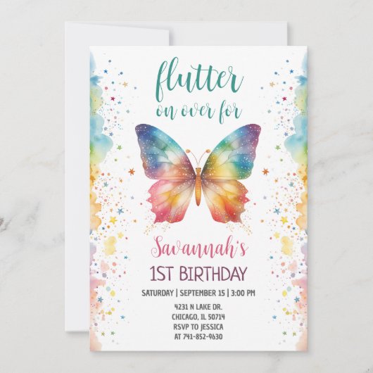 Flutter On Over Rainbow Butterfly 1st Birthday Kaart (Voorkant)