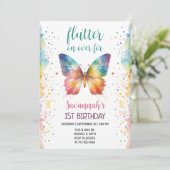 Flutter On Over Rainbow Butterfly 1st Birthday Kaart (Staand voorkant)