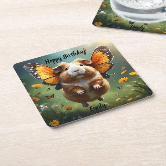 Flutter Paws: het cavia neemt de vlucht Kartonnen Onderzetters (Schuin)