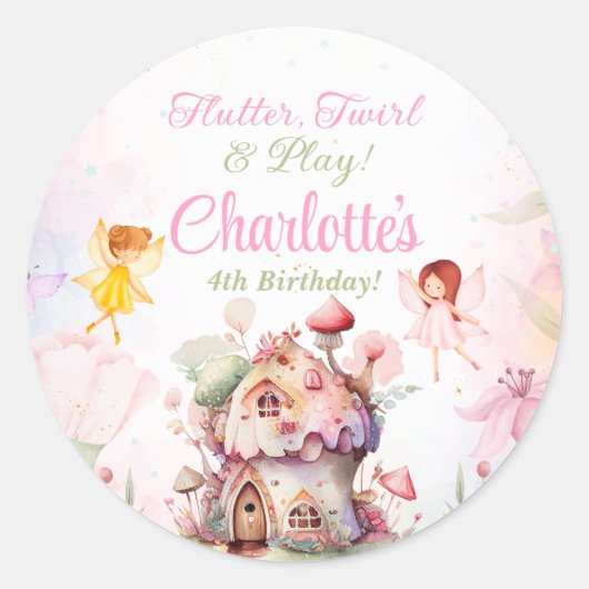 Flutter & Twirl Fairy Verjaardagsfeestlabel Sticke Ronde Sticker (Voorkant)