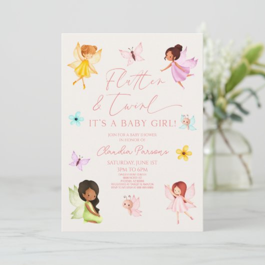 Flutter & Twirl Roze Betoverde Sprookje Baby showe Kaart (Staand voorkant)