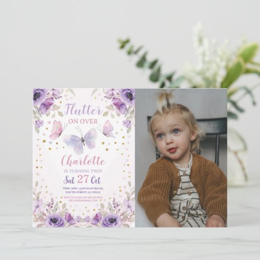 Flutter vlinder bloem foto verjaardagsfeestje kaart (Staand voorkant)