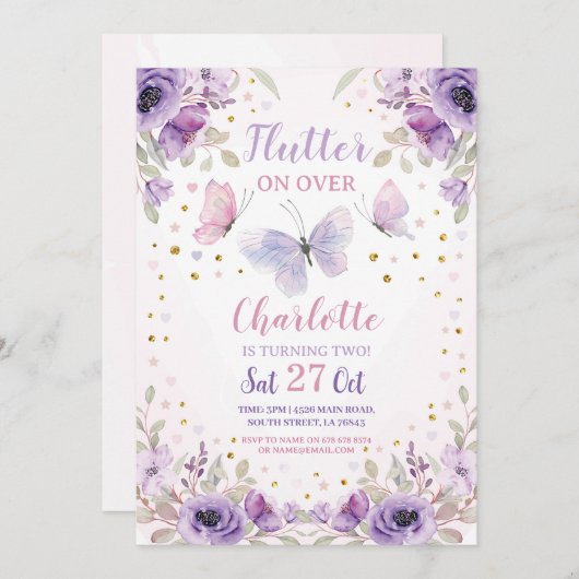 Flutter vlinder bloem Paarse verjaardagsfeestje Kaart (Voorkant / Achterkant)