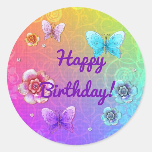Flutterby Graffiti Jeweled BIRTHDAY Ronde Sticker (Voorkant)