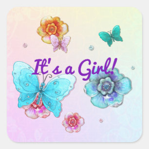 Flutterby Graffiti Jeweled ITS A GIRL Vierkante Sticker