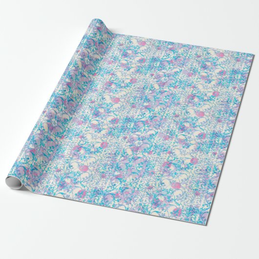 Flutterby Spring Damask Floral Blue Cadeaupapier (Uitgerold)