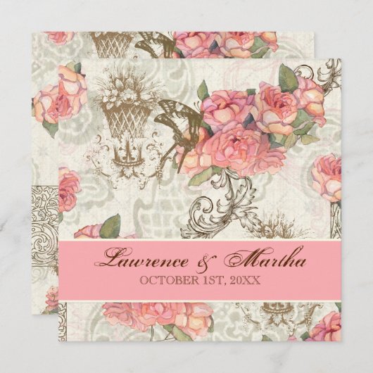 Flutterbyes 'n Rozen Elegante bruiloft - Roze Kaart (Voorkant / Achterkant)