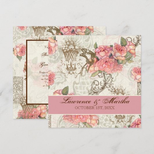 Flutterbyes 'n Rozen Elegante bruiloft - Roze Kaart (Voorkant / Achterkant)