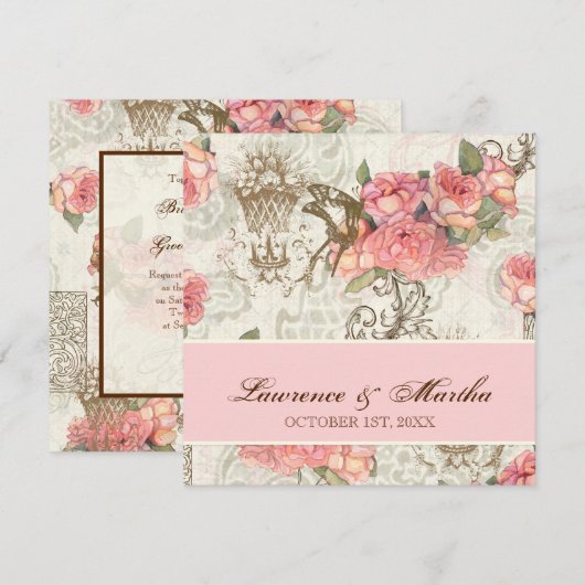 Flutterbyes 'n Rozen Elegante bruiloft - Roze Kaart (Voorkant / Achterkant)