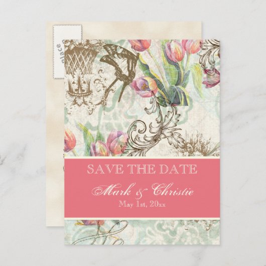 Flutterbyes 'n Tulpen Elegant Save the Date Kaart (Voorkant / Achterkant)