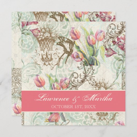 Flutterbyes 'n Tulpen Elegante bruiloft Kaart (Voorkant / Achterkant)