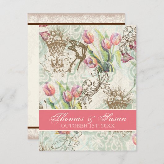 Flutterbyes 'n Tulpen Elegante bruiloft uitnodigin Kaart (Voorkant / Achterkant)