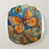 "Flutterende Elegantie: Rode en gele Vlinder Rou Rond Kussen (Achterkant)