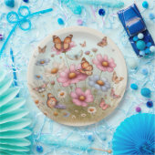 Flutterende Vlinders op Bloemen op Rond bord (Feest)