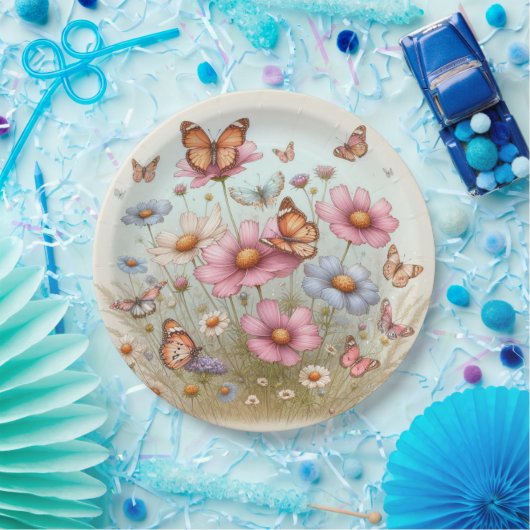 Flutterende Vlinders op Bloemen op Rond bord (Feest)