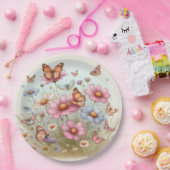 Flutterende Vlinders op Bloemen op Rond bord (Feest)