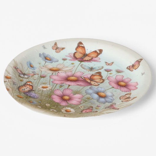Flutterende Vlinders op Bloemen op Rond bord (Gekanteld)